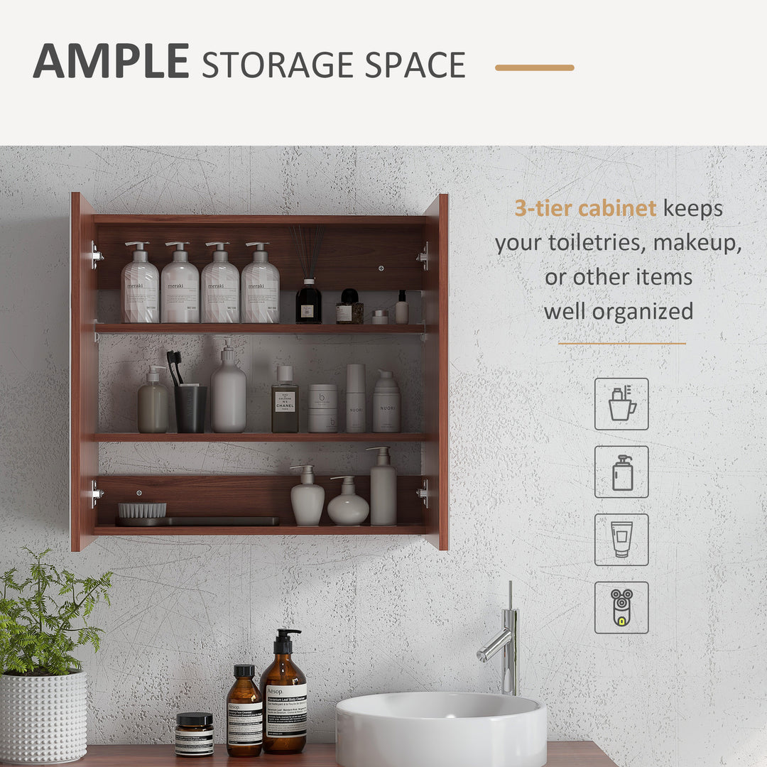 Wall Mounted Glass Bathroom Mirror Cabinet Storage Shelf, 63Wx60Hx13.5T cm-Light Walnut