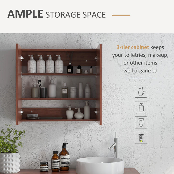 Wall Mounted Glass Bathroom Mirror Cabinet Storage Shelf, 63Wx60Hx13.5T cm-Light Walnut