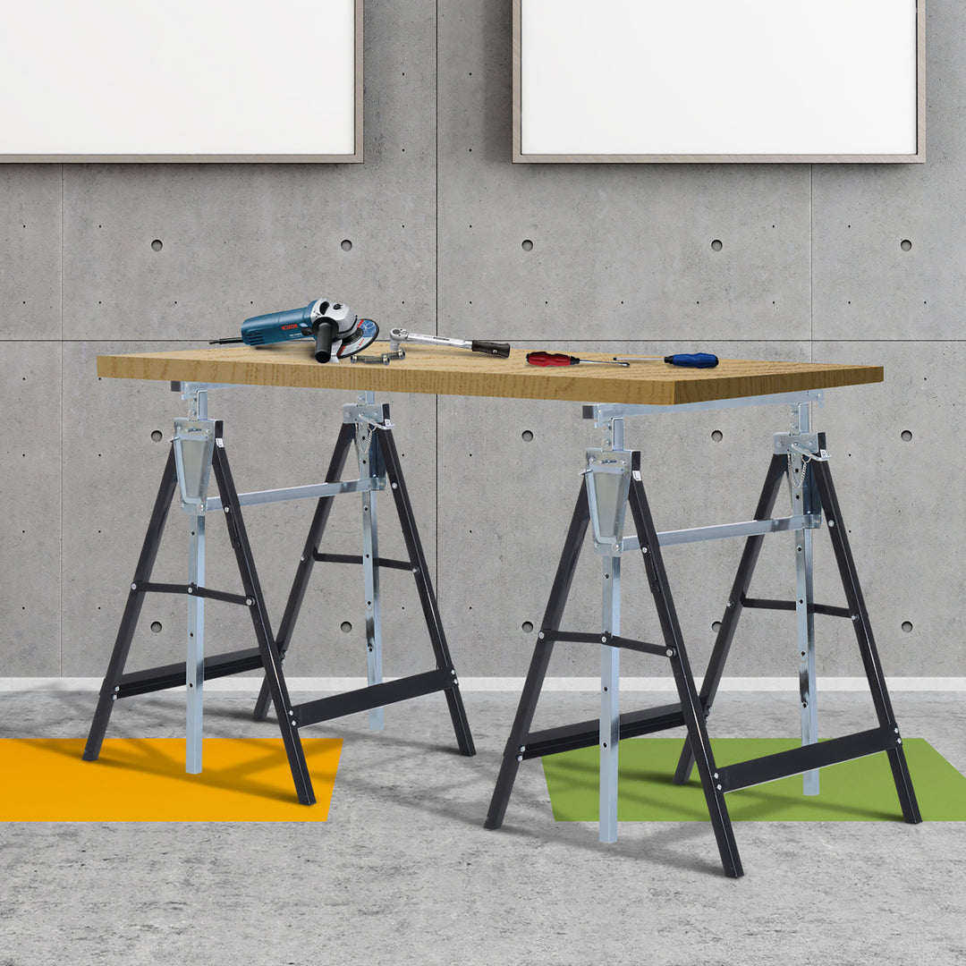 Set of 2 Adjustable Telescopic Builders Trestle DIY Steel Work Bench Carpenter Folding Saw Horse Tools Black