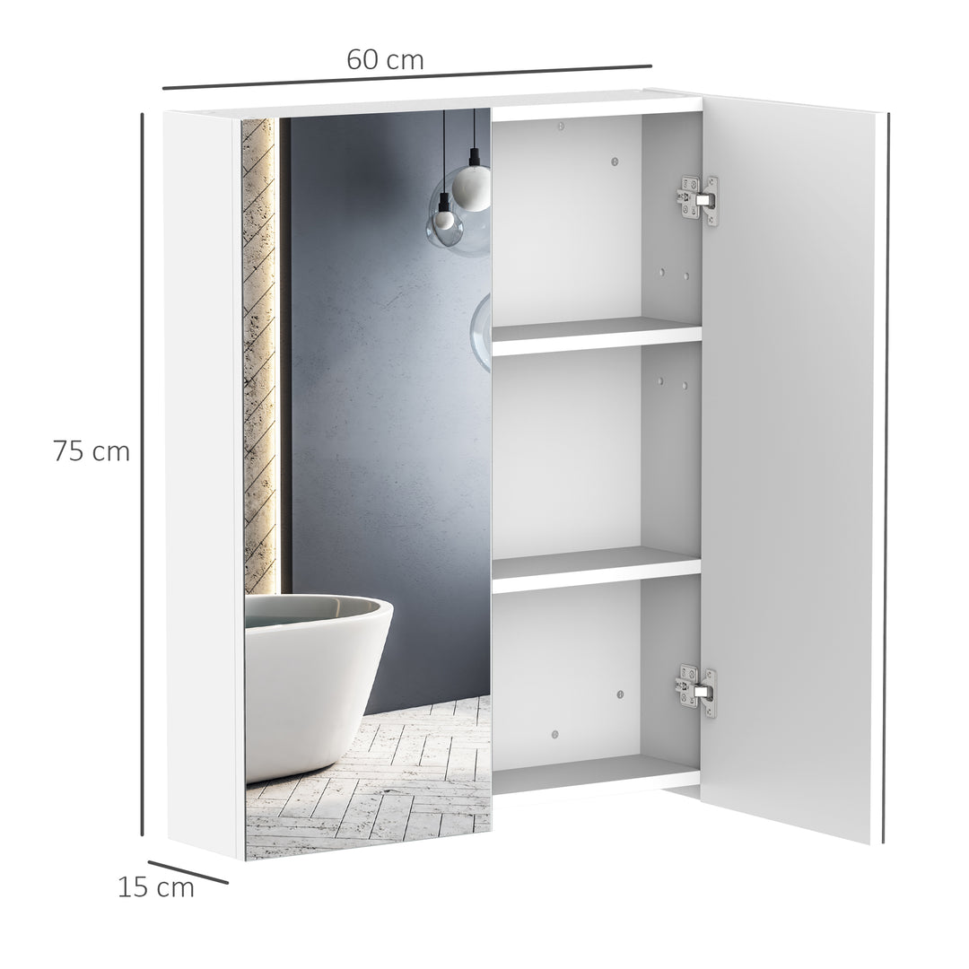Bathroom Mirror Cabinet Wood Storage Shelf Wall Mount Double Door Cupboard Adjustable 60Wx15Dx75H - White