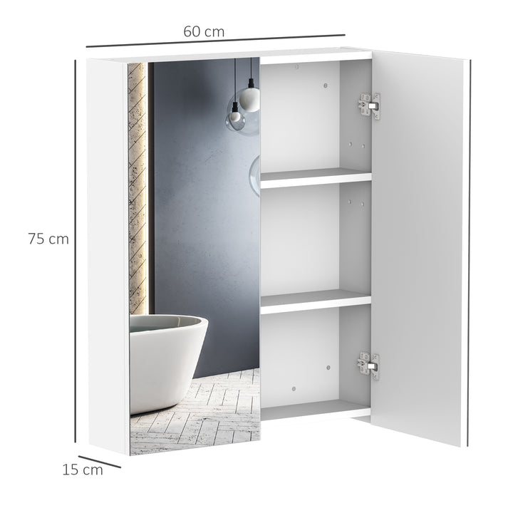 Bathroom Mirror Cabinet Wood Storage Shelf Wall Mount Double Door Cupboard Adjustable 60Wx15Dx75H - White