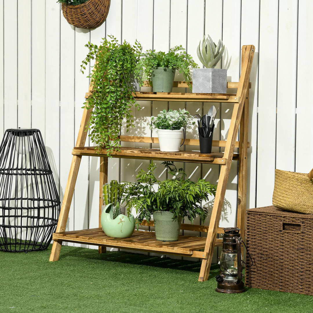 Wooden Folding Flower Pot Stand 3 Tier Garden Planter Display Ladder Gardener Storage Shelves Rack Herb Holder (80L x 37W x 93H (cm))