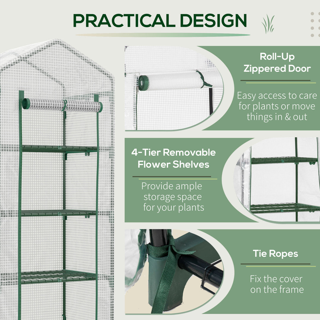 Outsunny 4 Tier Mini Greenhouse, Portable Green House with Steel Frame, PE Cover, Roll-up Door, 70 x 50 x 160 cm, White