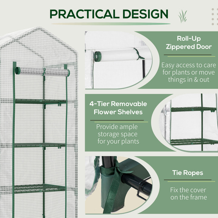 Outsunny 4 Tier Mini Greenhouse, Portable Green House with Steel Frame, PE Cover, Roll-up Door, 70 x 50 x 160 cm, White