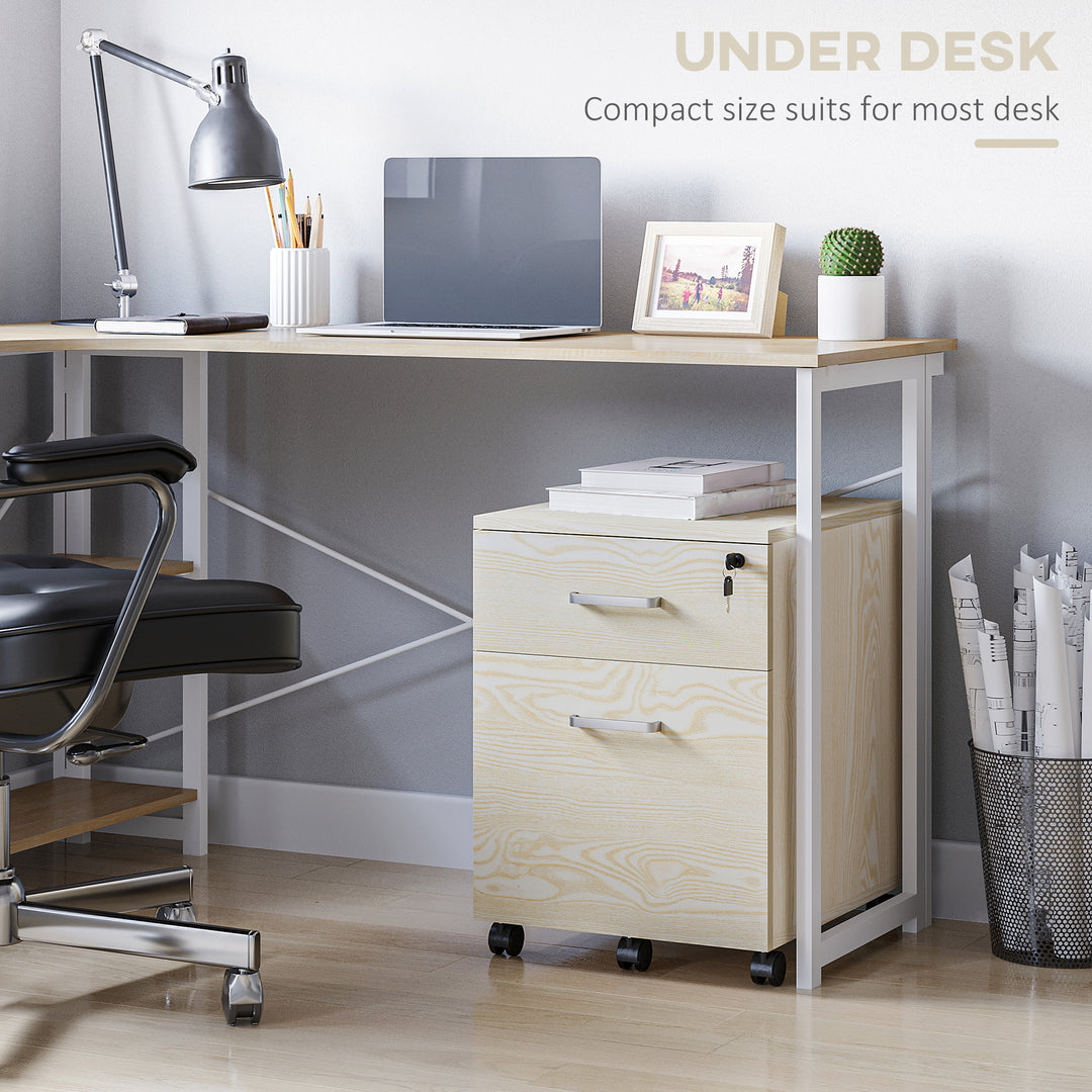 Vinsetto 2-Drawer Locking Office Filing Cabinet w/ 5 Wheels Rolling Storage Hanging Legal Letter Files Cupboard Home Organisation Oak