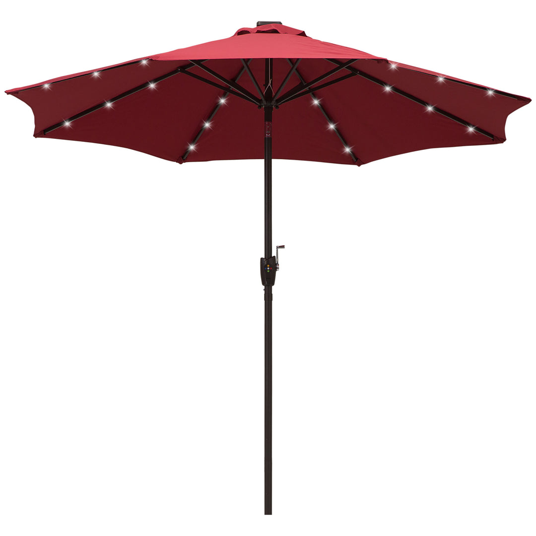Garden 24 LED Light Parasol Sun Shade w/ Hand Crank and 8 Ribs 2.7M Red