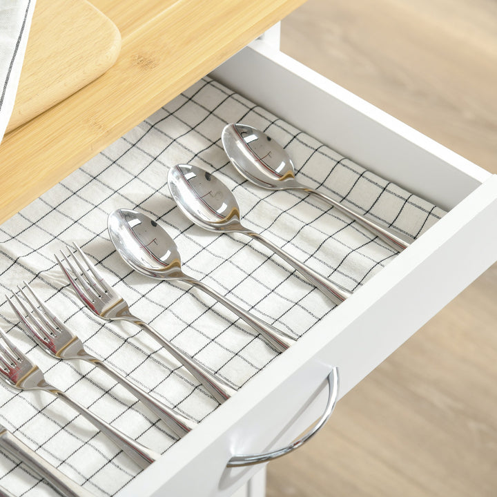 Rolling Kitchen Island Trolley Utility Cart on Wheels with Bamboo Table Top, Storage Cabinet, Drawer and Wire Basket - White