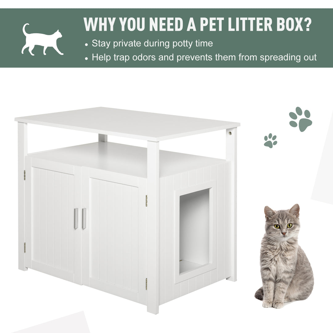 PawHut Wooden Cat Litter Box Enclosure Furniture with Adjustable Interior Wall & Large Tabletop for Nightstand, White