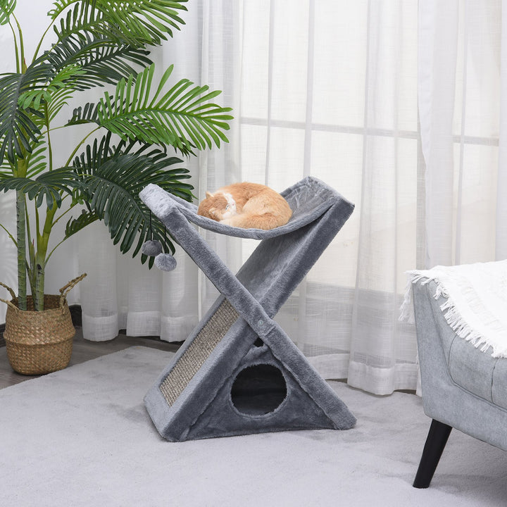 PawHut Two Tier Cat Tree Tower Scratching Post, 50L x 32W x 65Hcm-Grey