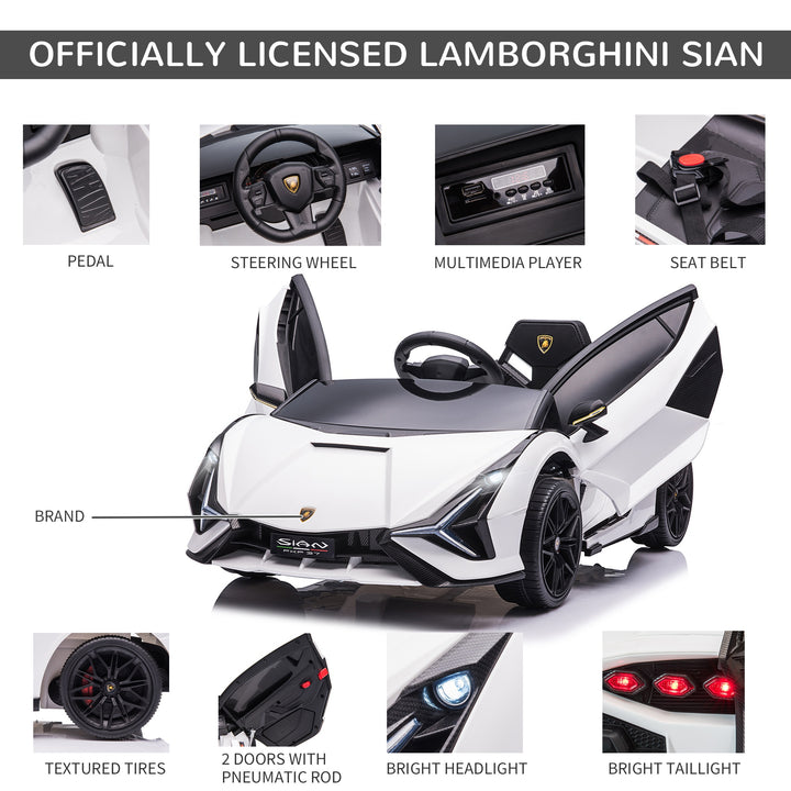 Compatible 12V Battery-powered Kids Electric Ride On Car Lamborghini SIAN Toy with Parental Remote Control Lights MP3 for 3-5 Years Old White