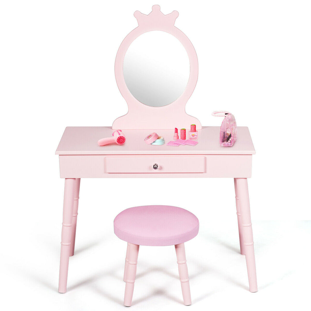 Child's Dressing Table and Cushioned Stool Set-Pink