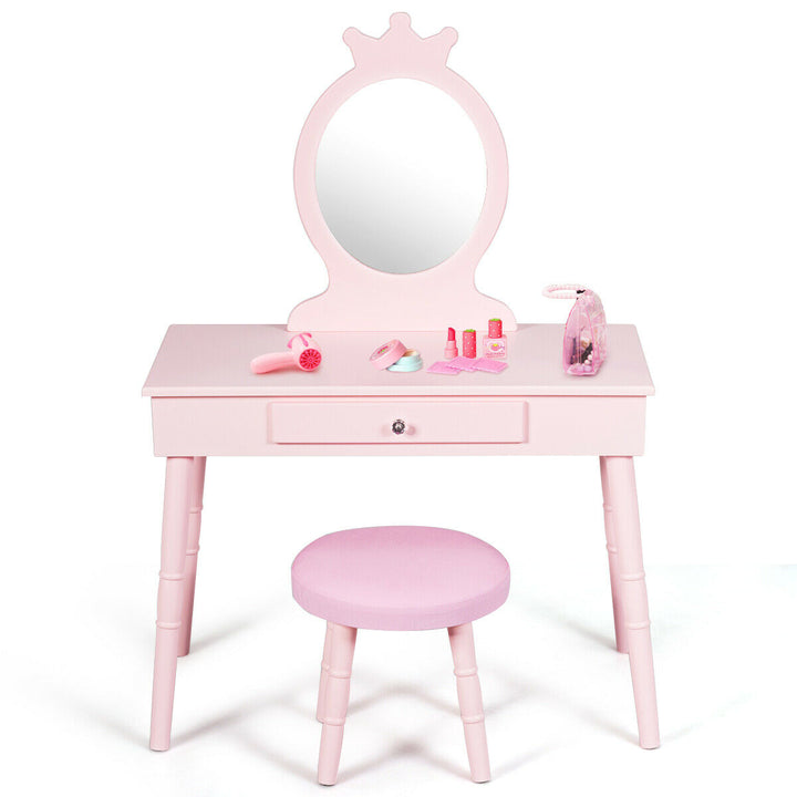Child's Dressing Table and Cushioned Stool Set-Pink