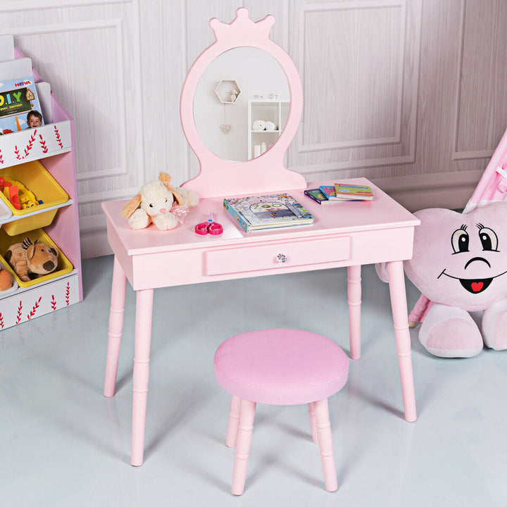 Child's Dressing Table and Cushioned Stool Set-Pink