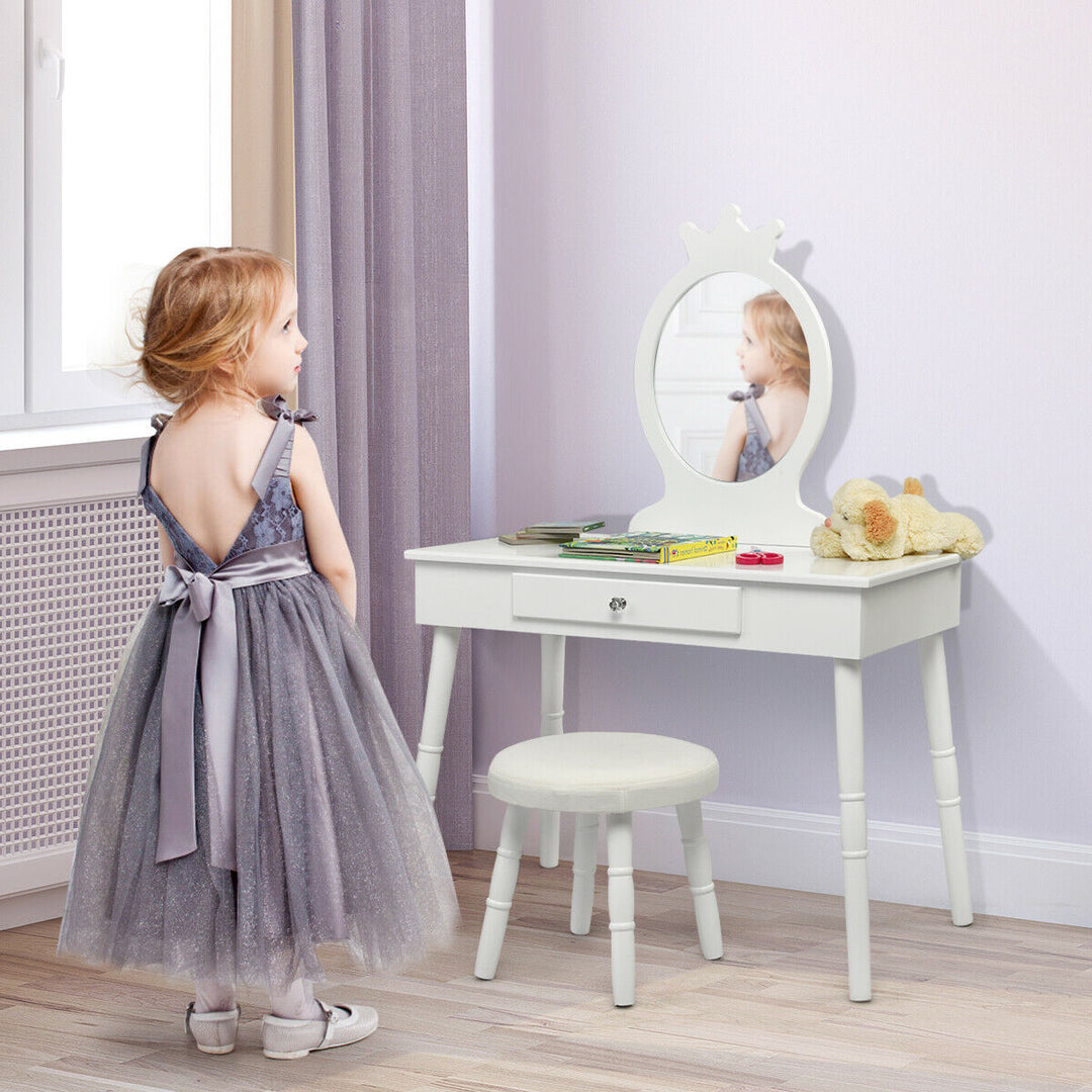 Child's Dressing Table and Cushioned Stool Set-White