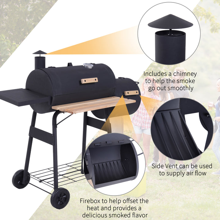 Charcoal Barbecue Grill Garden Portable BBQ  Trolley w/ Offset Smoker Combo, Handy Shelves and On-lid Thermometer