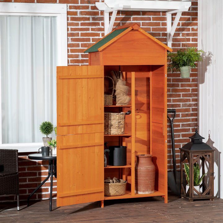 Outsunny 84 x 52cm Garden Shed 4-Tier Wooden Garden Outdoor Shed 3 Shelves Utility Gardener Cabinet Lockable Double Doors Tool Kit Storage - Teak