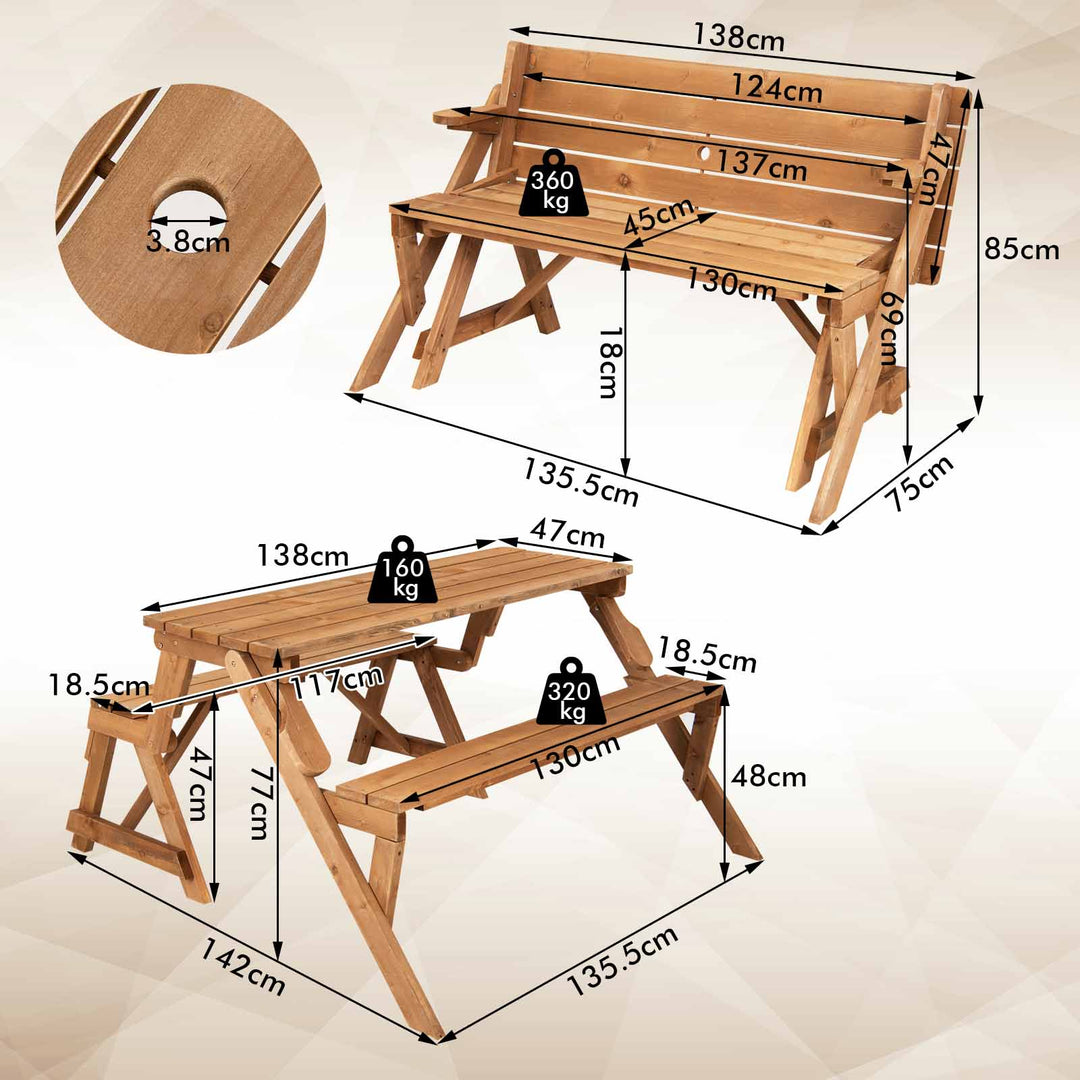 Convertible Picnic Table Set with Built-in Umbrella Hole-Brown