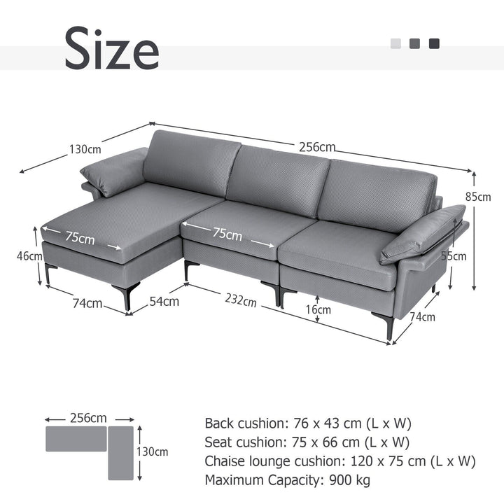 L-shaped 3-Seat Upholstered Sectional Sofa-Grey