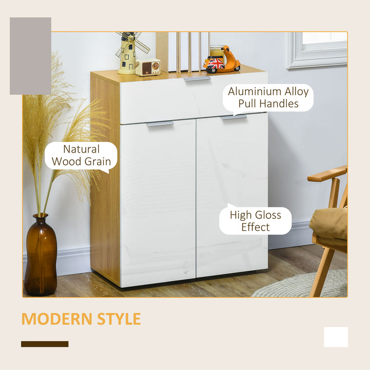 Modern Storage Cabinet, High Gloss Slim Sideboard with Drawer, Door Cupboard, Adjustable Shelves, White and Natural