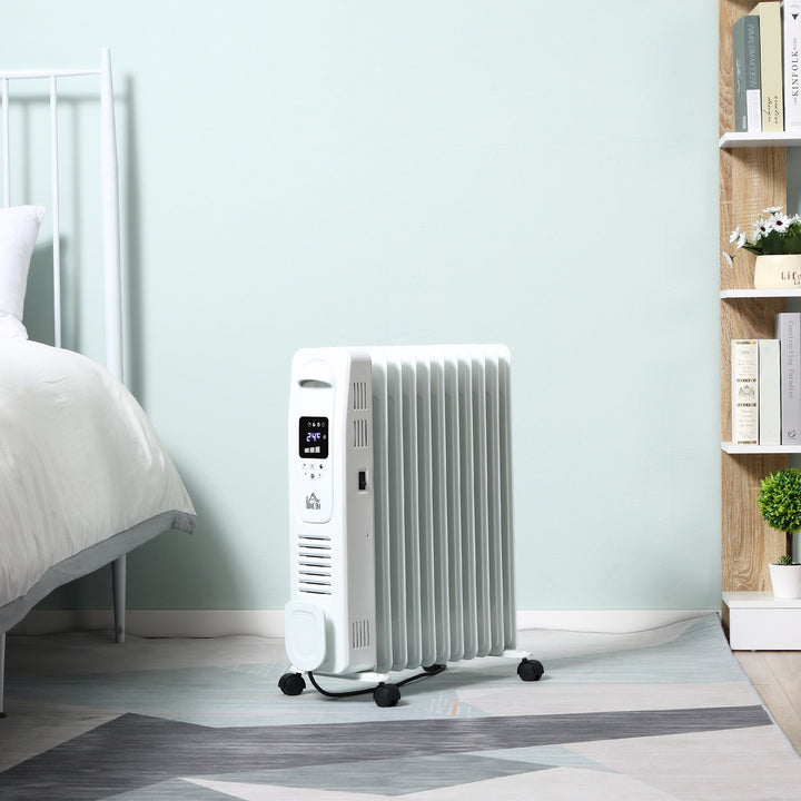 HOMCOM 2720W Digital Oil Filled Radiator, 11 Fin, Portable Electric Heater with LED Display, 3 Heat Settings, Safety Cut-Off and Remote Control, White