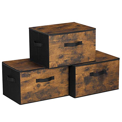 Set of 3 Brown Fabric Storage Boxes with Lid