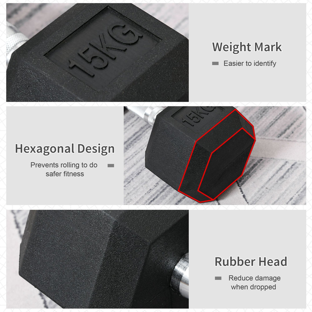 HOMCOM 15KG Single Rubber Hex Dumbbell Portable Hand Weights Dumbbell Home Gym Workout Fitness Hand Dumbbell