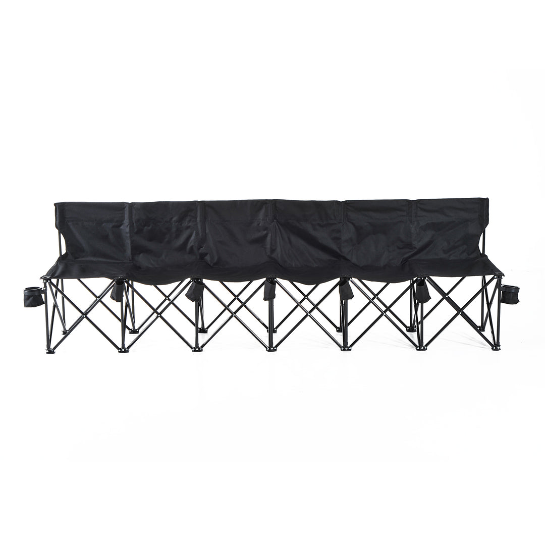 6 Seater Folding Sports Bench Outdoor Picnic Camping Portable Spectator Chair Steel Frame w/Cup Holder & Carry Bag - Black