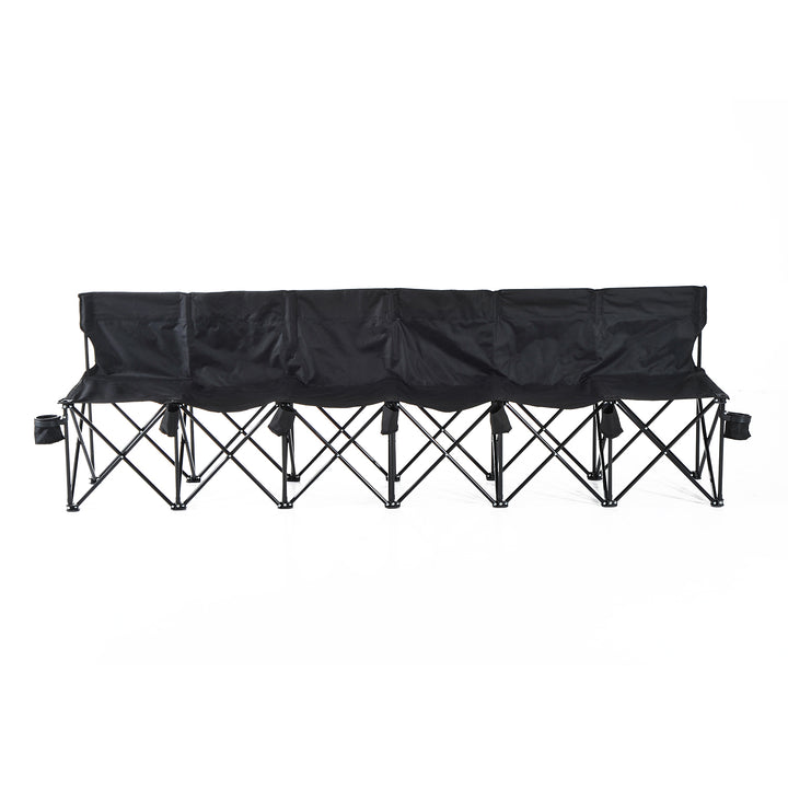 6 Seater Folding Sports Bench Outdoor Picnic Camping Portable Spectator Chair Steel Frame w/Cup Holder & Carry Bag - Black