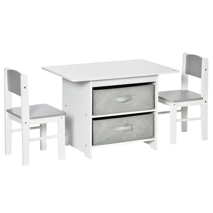 HOMCOM 3 Pcs Kids Table & Chairs Set Mini Seating Furniture Home Playroom Bedroom Dining Room w/ Storage Drawers Safe Corners for 2-4 Years old White