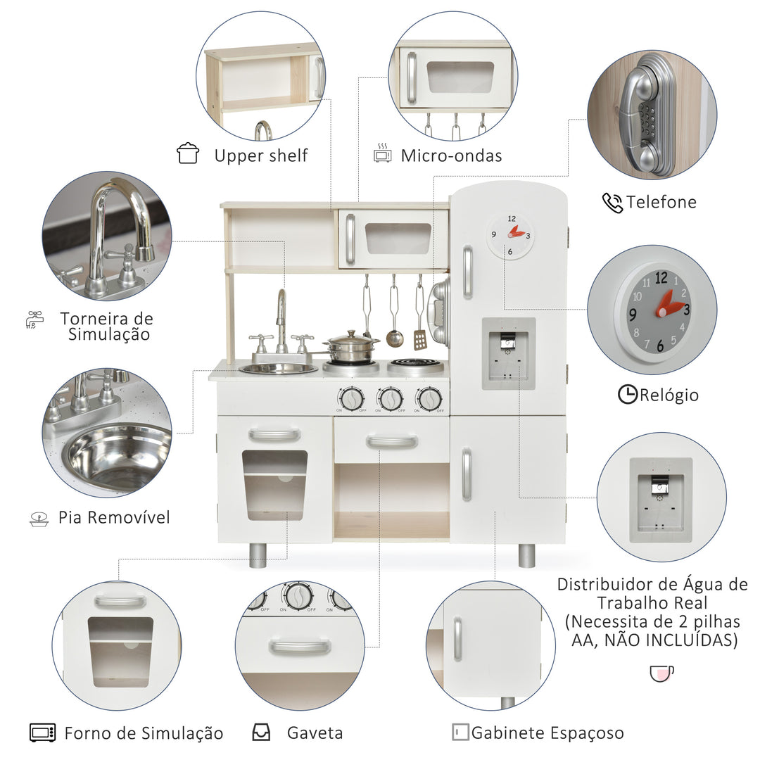 HOMCOM Kids Kitchen Playset Luxury Kitchen Accessories Set Pretend Cooking Set with Telephone Ice Machine, White