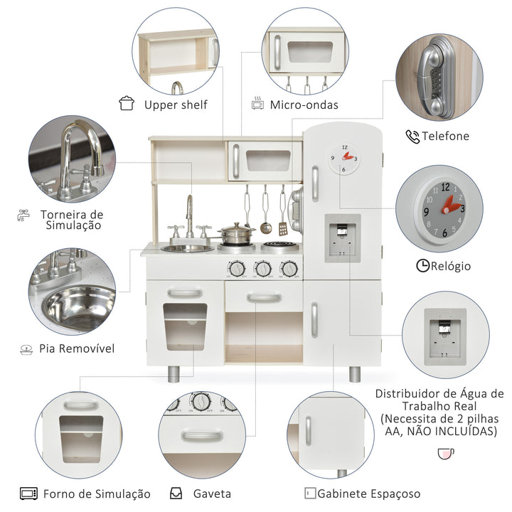 HOMCOM Kids Kitchen Playset Luxury Kitchen Accessories Set Pretend Cooking Set with Telephone Ice Machine, White