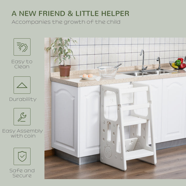 Kids Step Stool Adjustable Standing Platform Toddler Kitchen Stool -Standing Tower for Kids Kitchen Learning w/ Three Adjustable Heights, White