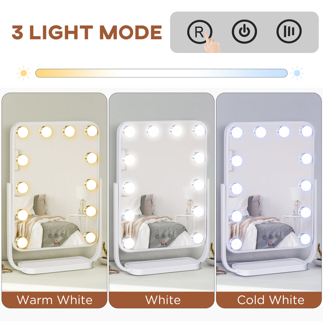 Hollywood Makeup Mirror with LED Lights, Tabletop Vanity Mirror with 12 Dimmable LED Bulbs, Memory Function and Metal Frame, White