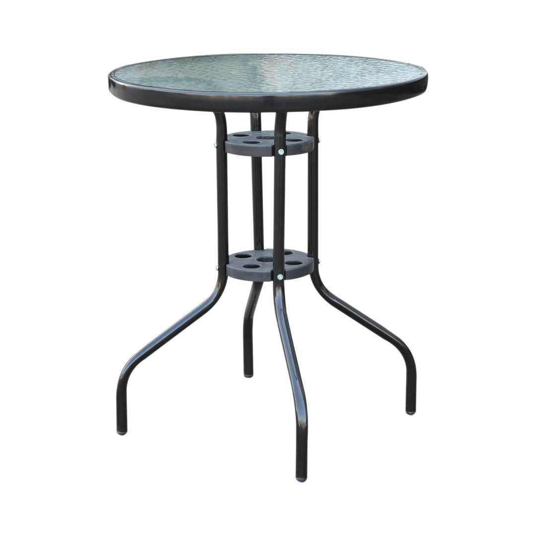 60×70H cm Round Metal Table, Garden Table Tempered Glass-Black