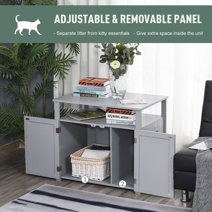 Wooden Cat Litter Box Enclosure Furniture with Adjustable Interior Wall & Large Tabletop for Nightstand, Grey