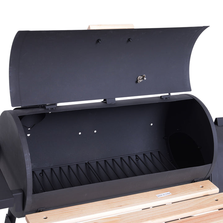 Charcoal Barbecue Grill Garden Portable BBQ  Trolley w/ Offset Smoker Combo, Handy Shelves and On-lid Thermometer
