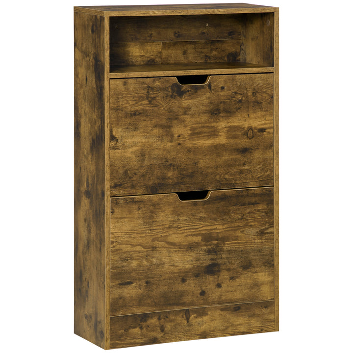 HOMCOM Shoe Cabinet with 2 Flip Doors, Slim 2-Drawer Shoe Cupboard with Adjustable Divider and Open Compartment, Entryway Storage Unit, Rustic Brown