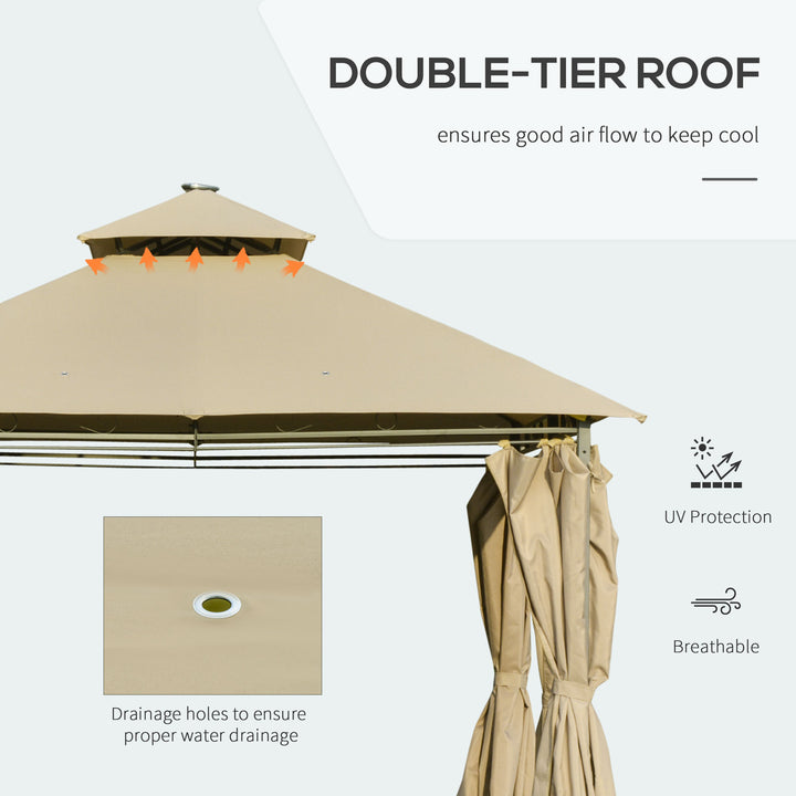Outsunny 4 x 3(m) Outdoor Gazebo Canopy Party Tent Garden Pavilion Patio Shelter w/ LED Solar Light, Double Tier Roof, Curtains, Steel Frame, Khaki
