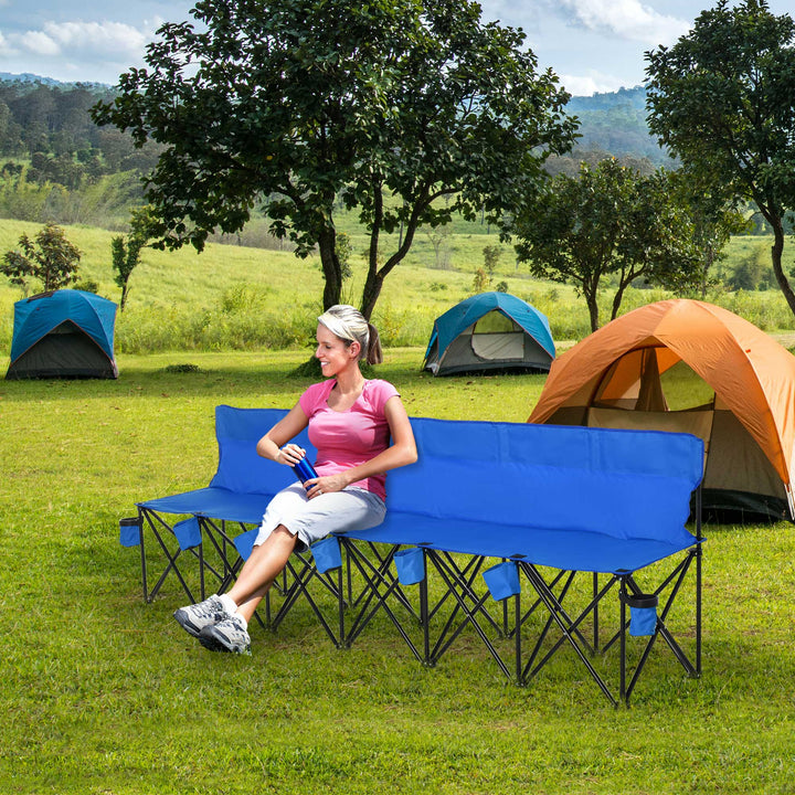 6 Seater Folding Sports Bench Outdoor Picnic Camping Portable Spectator Chair Steel Frame w/ Cup Holder & Carry Bag - Blue