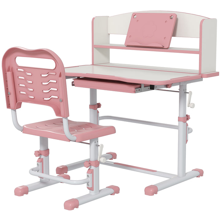 Height Adjustable Kids Study Table and Chair Set, with Drawer, Storage Shelf, Pink