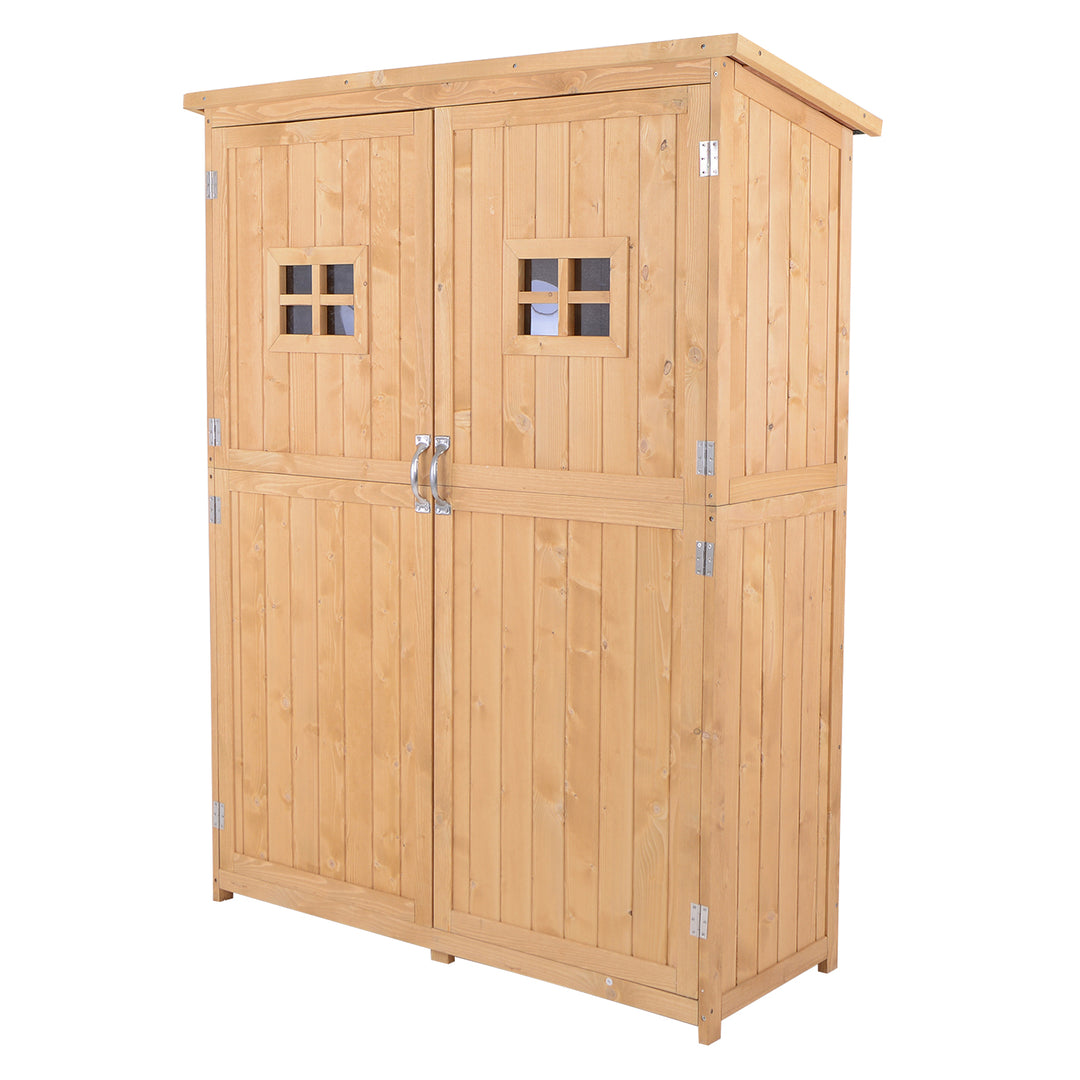 Wooden Garden Storage Shed Tool Cabinet Organiser with Shelves, Two Windows, 127.5 x 50 x 164 cm, Natural