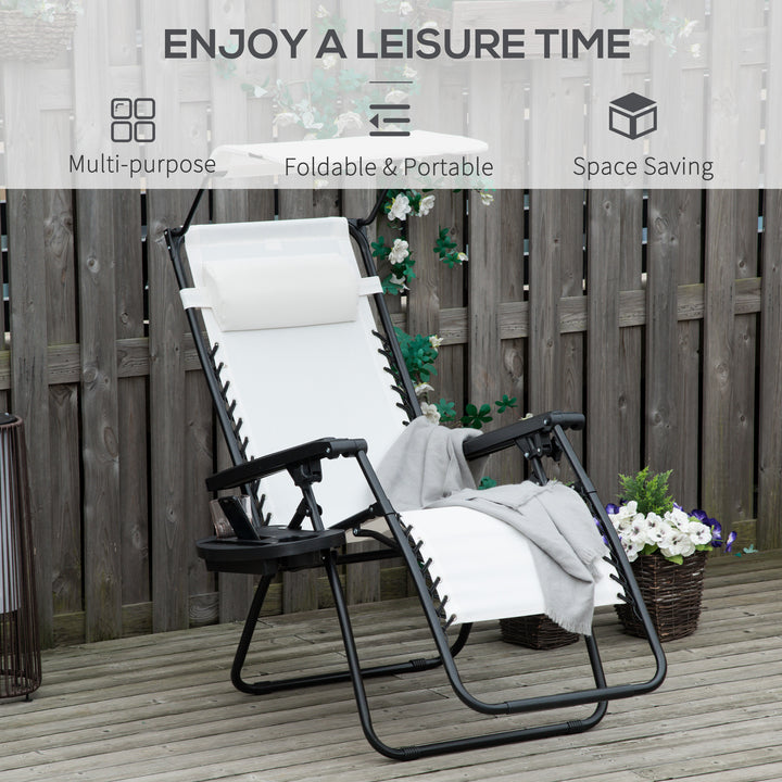 Outsunny Zero Gravity Garden Deck Folding Chair Patio Sun Lounger Reclining Seat with Cup Holder & Canopy Shade - White