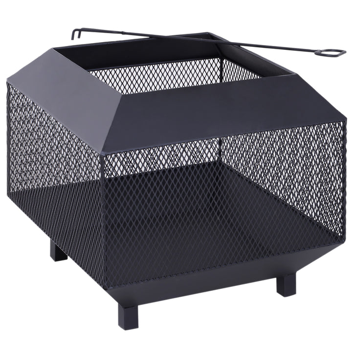 Outsunny Metal Square Fire Pit Outdoor Mesh Firepit Brazier w/ Lid, Log Grate, Poker for Backyard, Camping, Wood Burning Stove, 44 x 44 x 40cm, Black