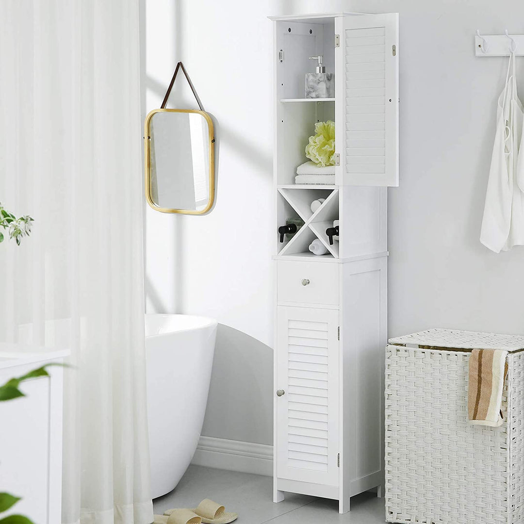 White Free Standing Linen Tower with Cabinet & Shelves