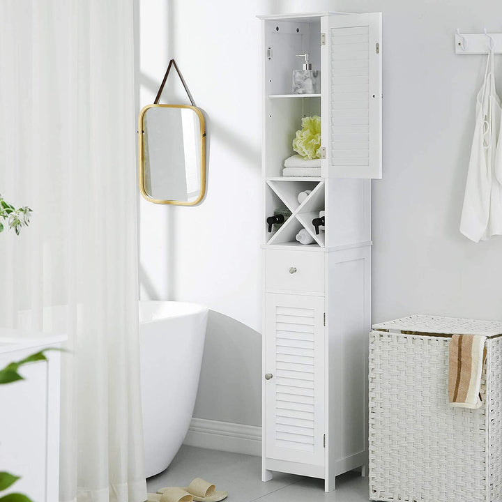 White Free Standing Linen Tower with Cabinet & Shelves