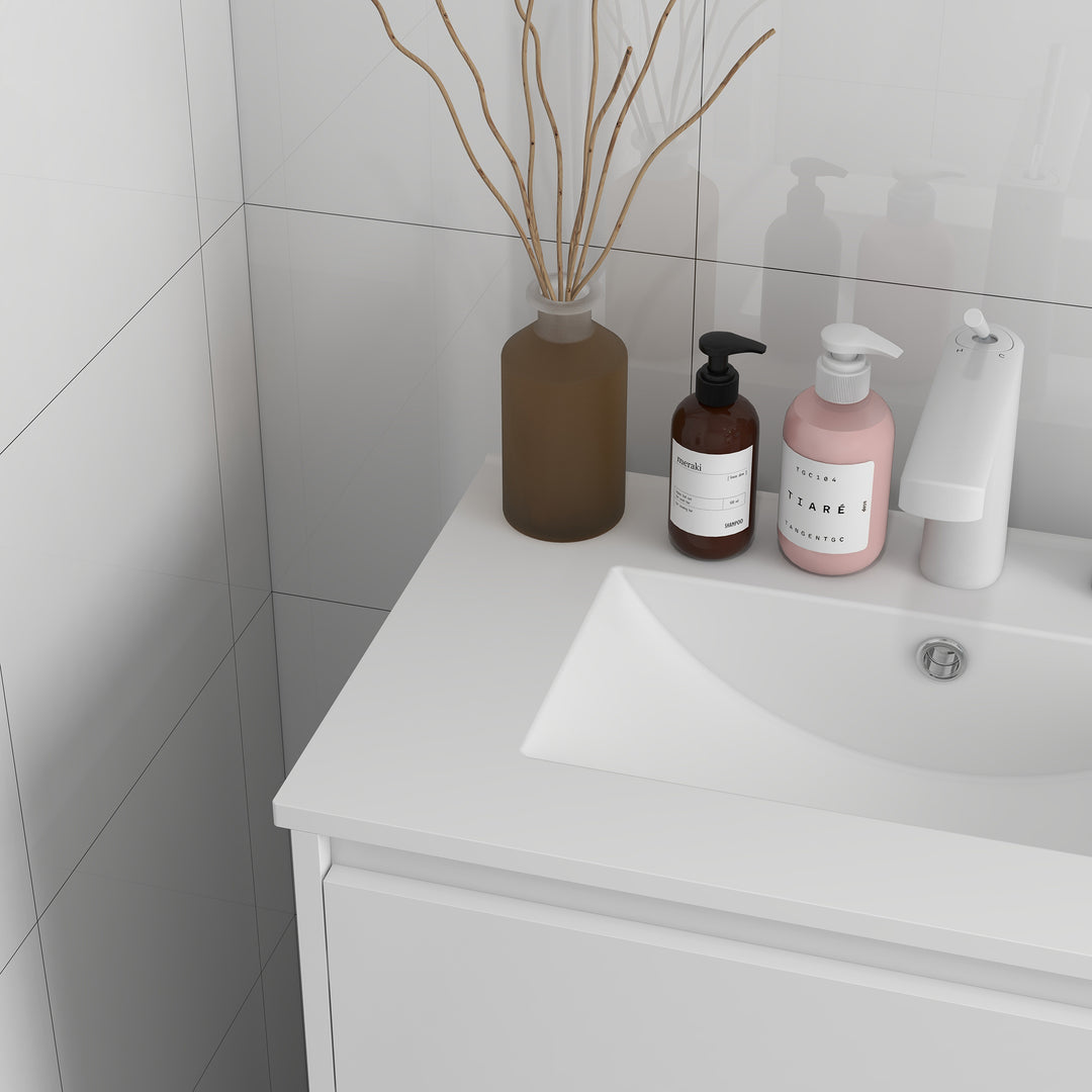 600mm Bathroom Vanity Unit with Basin and Single Tap Hole, High Gloss White Floor Standing Bathroom Sink Unit with 2 Drawers