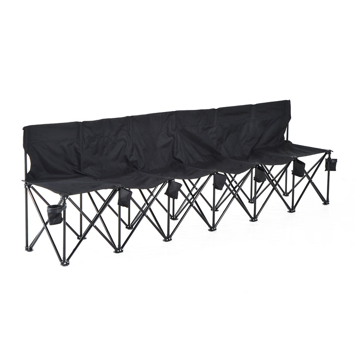 6 Seater Folding Sports Bench Outdoor Picnic Camping Portable Spectator Chair Steel Frame w/Cup Holder & Carry Bag - Black