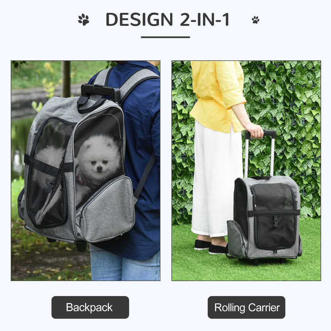 PawHut Pet Travel Backpack Bag Cat Puppy Dog Carrier w/ Trolley and Telescopic Handle Portable Stroller Wheel Luggage Bag, Grey
