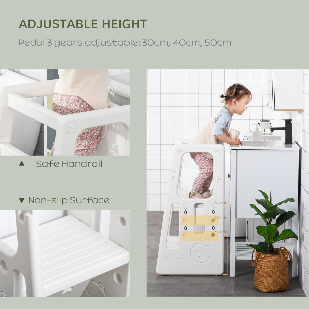 Kids Step Stool Adjustable Standing Platform Toddler Kitchen Stool -Standing Tower for Kids Kitchen Learning w/ Three Adjustable Heights, White