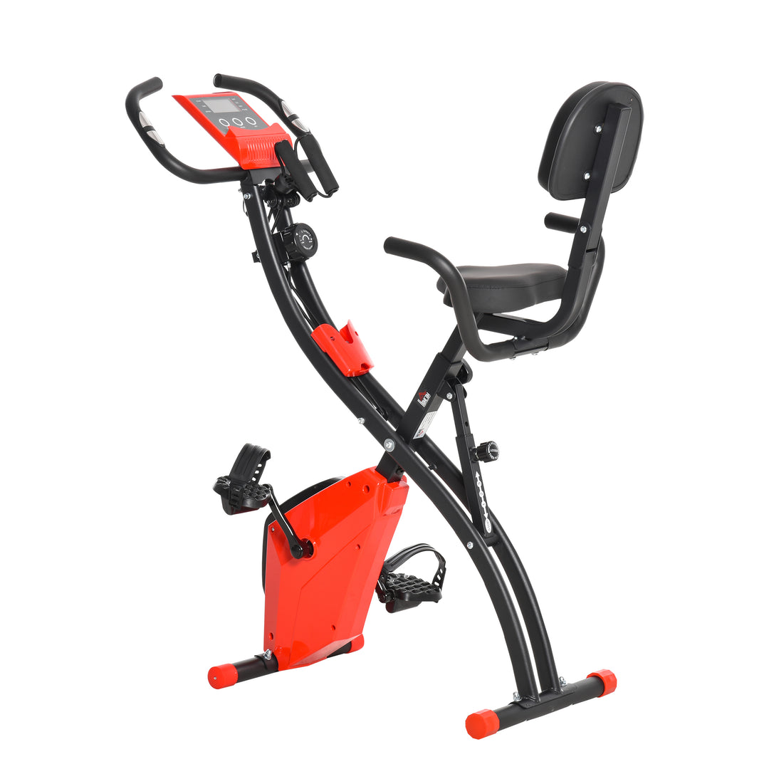 HOMCOM 2-In-1 Upright Exercise Recumbent Bike Adjustable Resistance Stationary Fitness Home Gym Foldable w/ Armrests LCD Monitor Cycling Wheels Red